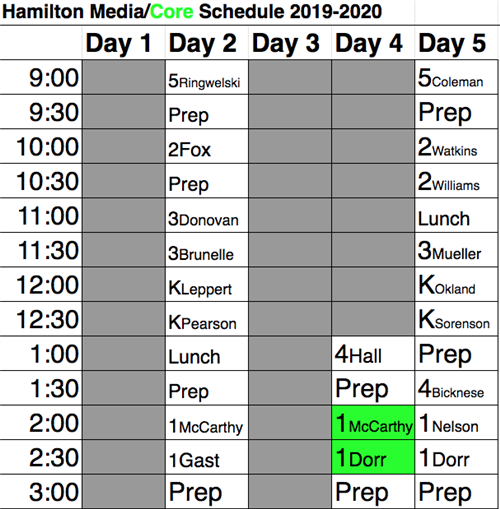 Media/Core Schedule 